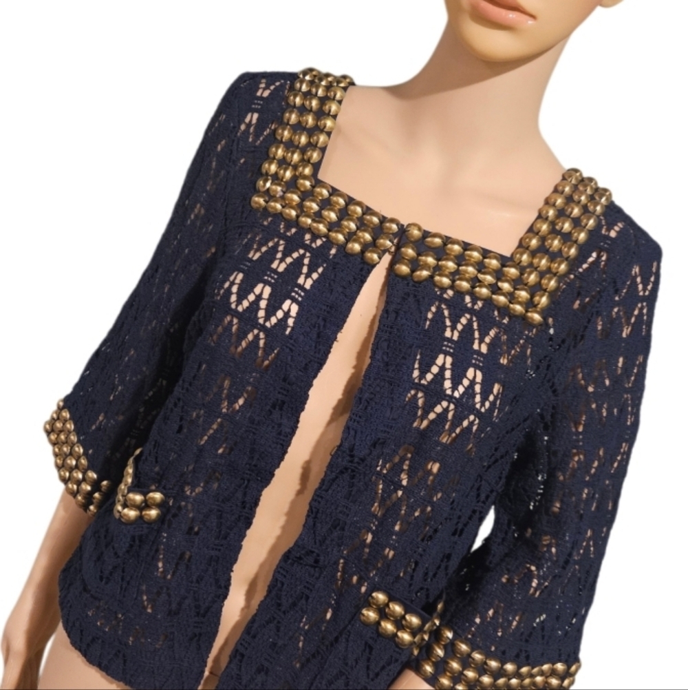 TRINA TURK LOS ANGELES PALM SPRINGS Navy Gold Cropped Bolero Women's Jacket 10.